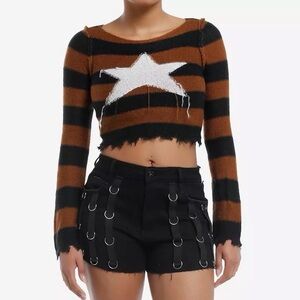 Hot Topic Distressed Black and Brown Striped Star Sweater